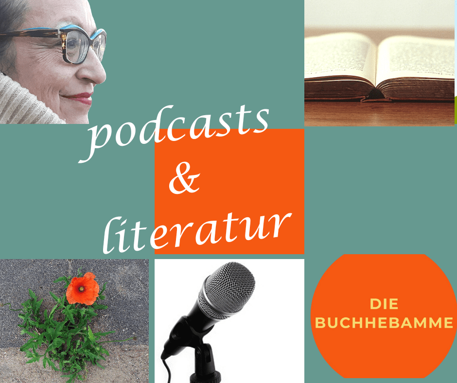 Collage der Buchhebamme: Mikrophon und Buch, eine kleine Mohnblume und ein Prortät von Maria Al-Mana. Text: podcasts und literatur