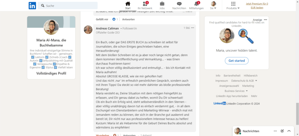 Andreas Caliman, eine Empfehlung, auf LinkedIn, Screenshot, Buchprojekt, Selfpublishing oder nicht