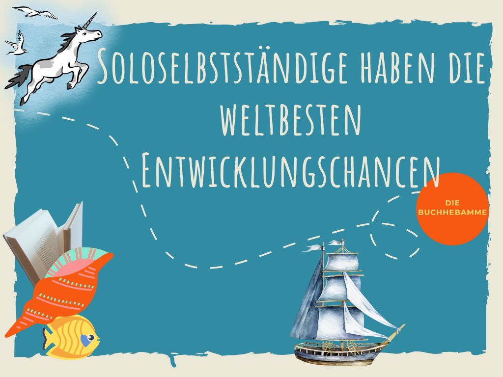 Text: Soloselbstständige haben die weltbesten Entwicklungschancen. Schrift auf blauem Untergrund, dazu das eigensinnige Einhotn, ein Buch, ein Fisch, eine Muschel, ein Segelschiff