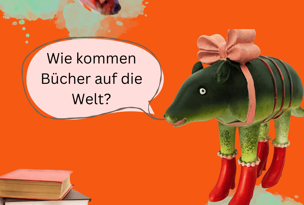 Text: Wie kommen Bücher auf die Welt? Buchhebamme. Ein Stapel Bücher links im Vordergrund