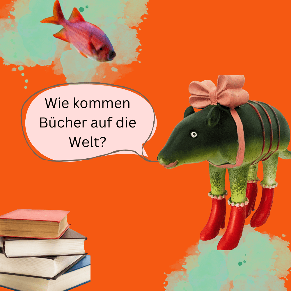 Text: Wie kommen Bücher auf die Welt? Buchhebamme. Ein Stapel Bücher links im Vordergrund