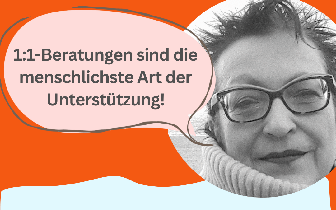 Buchhebamme Maria AlMana mit Sprechblase: 1:1-Beratung ist die menschlichste Art der Unterstützung