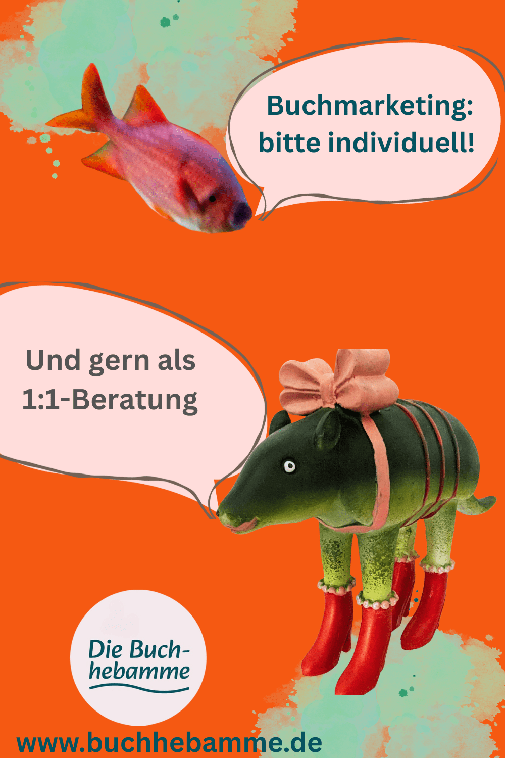 Zwei Fantasietiere vor orangem Hintergrund mit Sprechblasen: "Buchmarketing: bitte individuell!" "Und gern als 1:1-Beratung"
