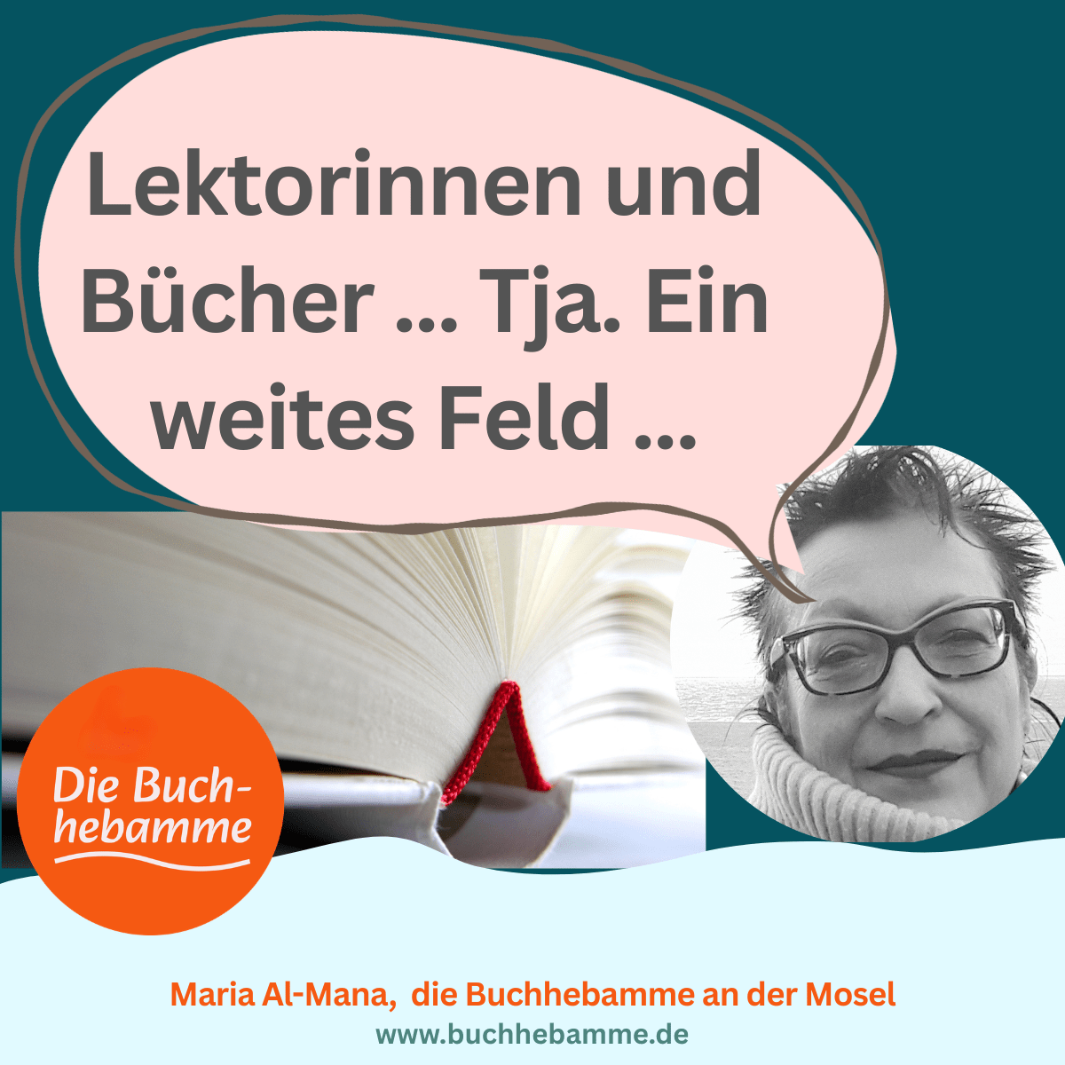 Sprechblase, Text: Lektorinnen und Bücher ... Tja. Ein weites Feld ...